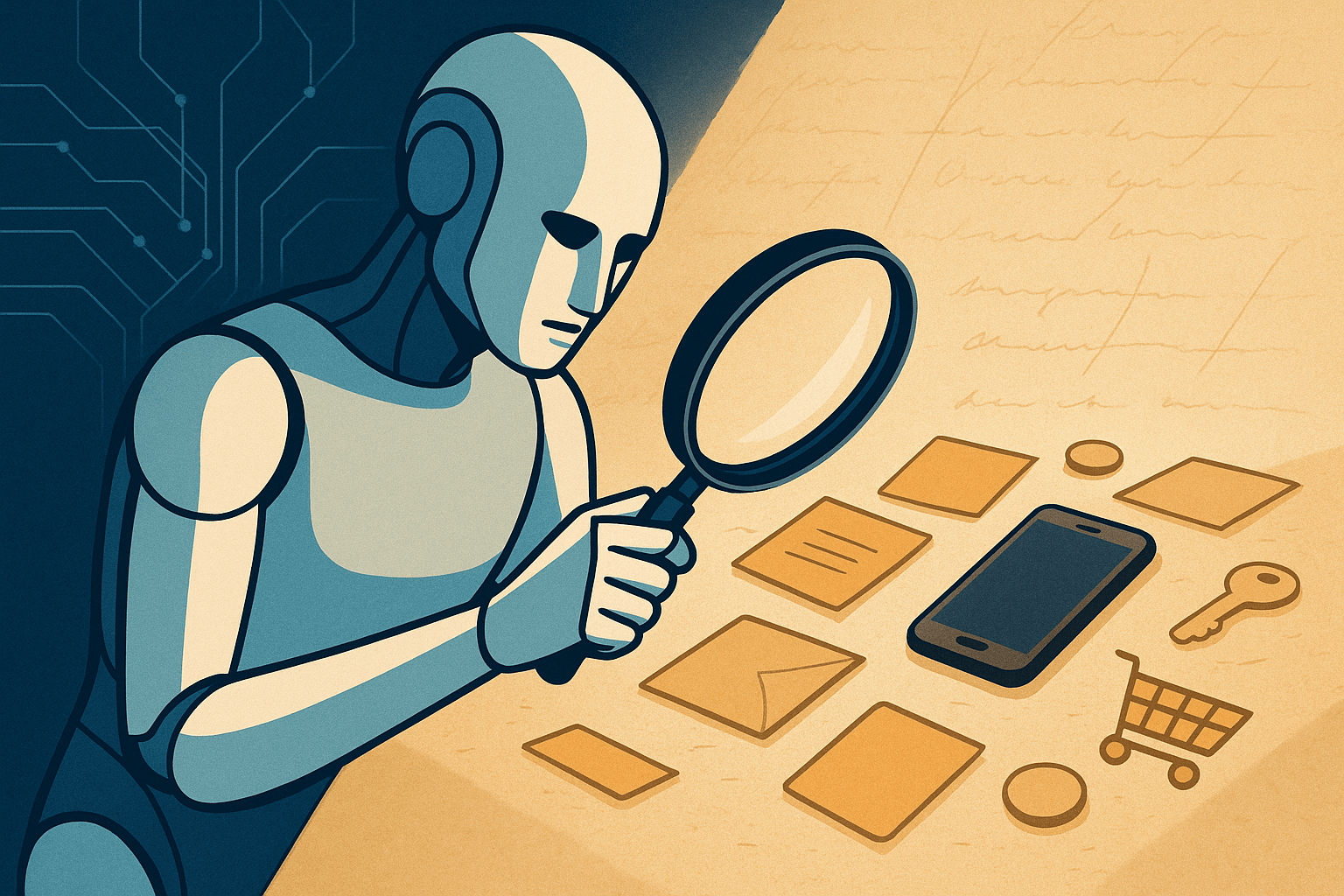 A conceptual illustration of a humanoid AI figure examining a magnifying glass over a mosaic of human artefacts—post-it notes, phones, shopping carts, and small personal objects—symbolising “small data.” The background should merge neural network lines wit