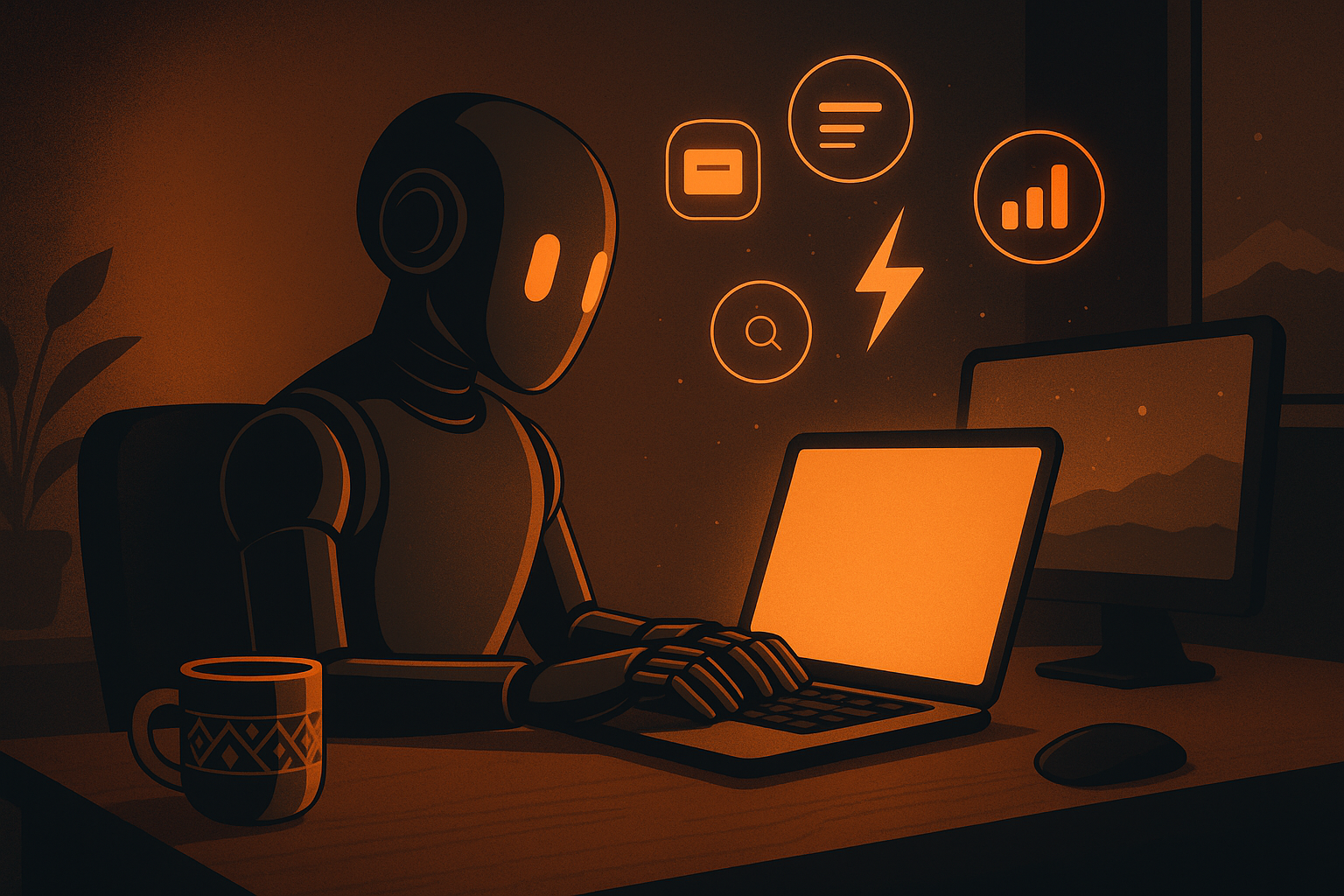 A futuristic workspace lit only by a glowing screen and soft ambient light, showing a digital assistant (robot or abstract AI interface) working at a desk while the world outside is asleep. Include floating brand icons (email, content, analytics, lightning
