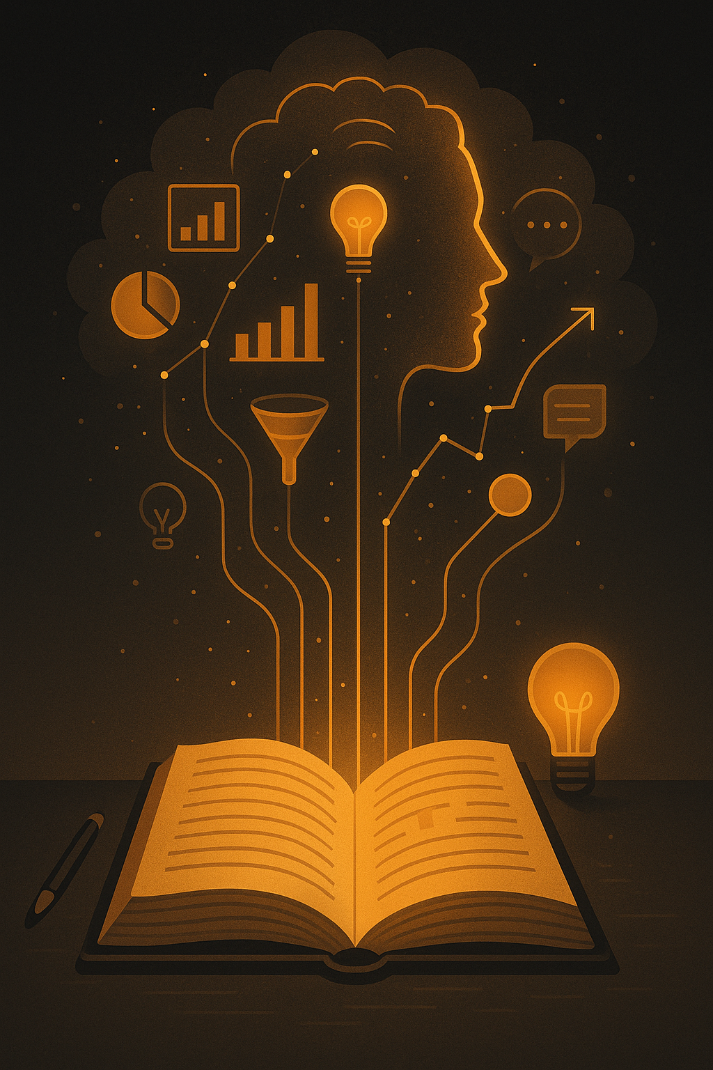 An open book with glowing pages transforming into streams of data—graphs, charts, and icons flowing upward into the air and forming a human face or brand logo in the cloud above. The environment is dark with soft highlights, blending storytelling elements