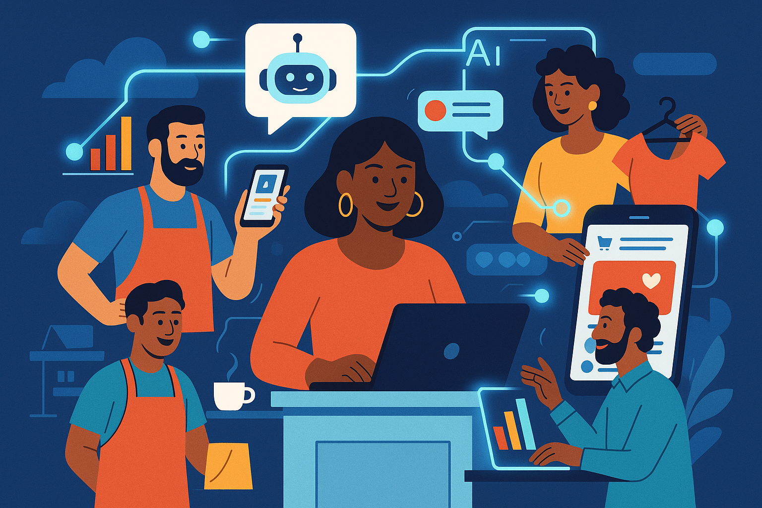 An illustration of small business owners (cafés, boutiques, startups) surrounded by AI-powered digital tools like chatbots, social media screens, and glowing data visualisations — symbolising growth, creativity, and customer engagement.
