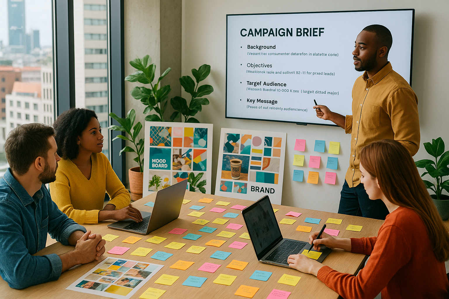 An overhead shot of a marketing team in a modern Johannesburg office, gathered around a table covered with sticky notes, brand mood boards, and laptops, as a strategist presents a campaign brief on a large screen. Bright colours, collaborative energy