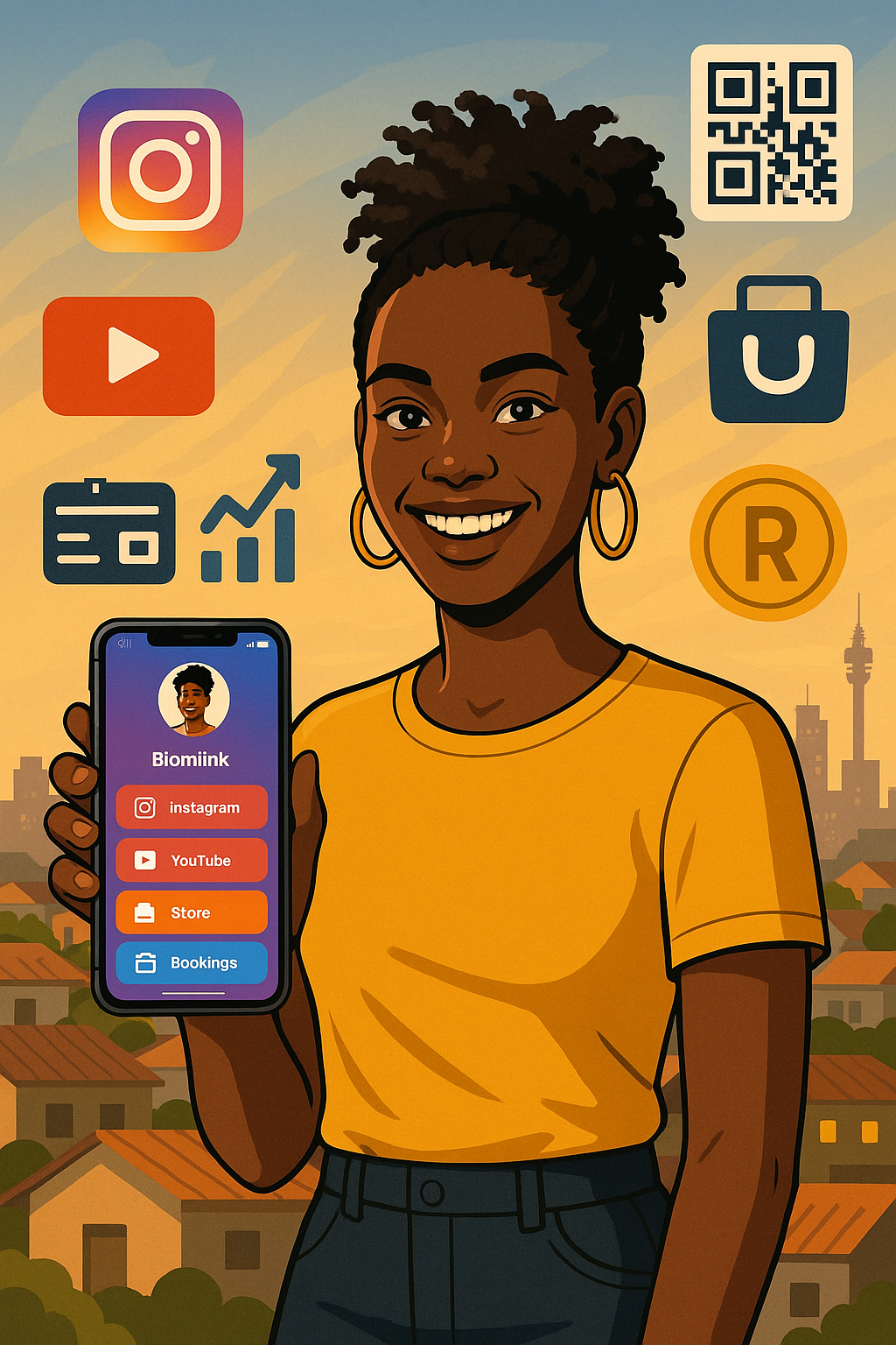 A vibrant South African content creator holding a smartphone displaying a bio link page, with floating icons of Instagram, YouTube, digital store, bookings, and ZAR currency. The background shows a township or urban South African environment.