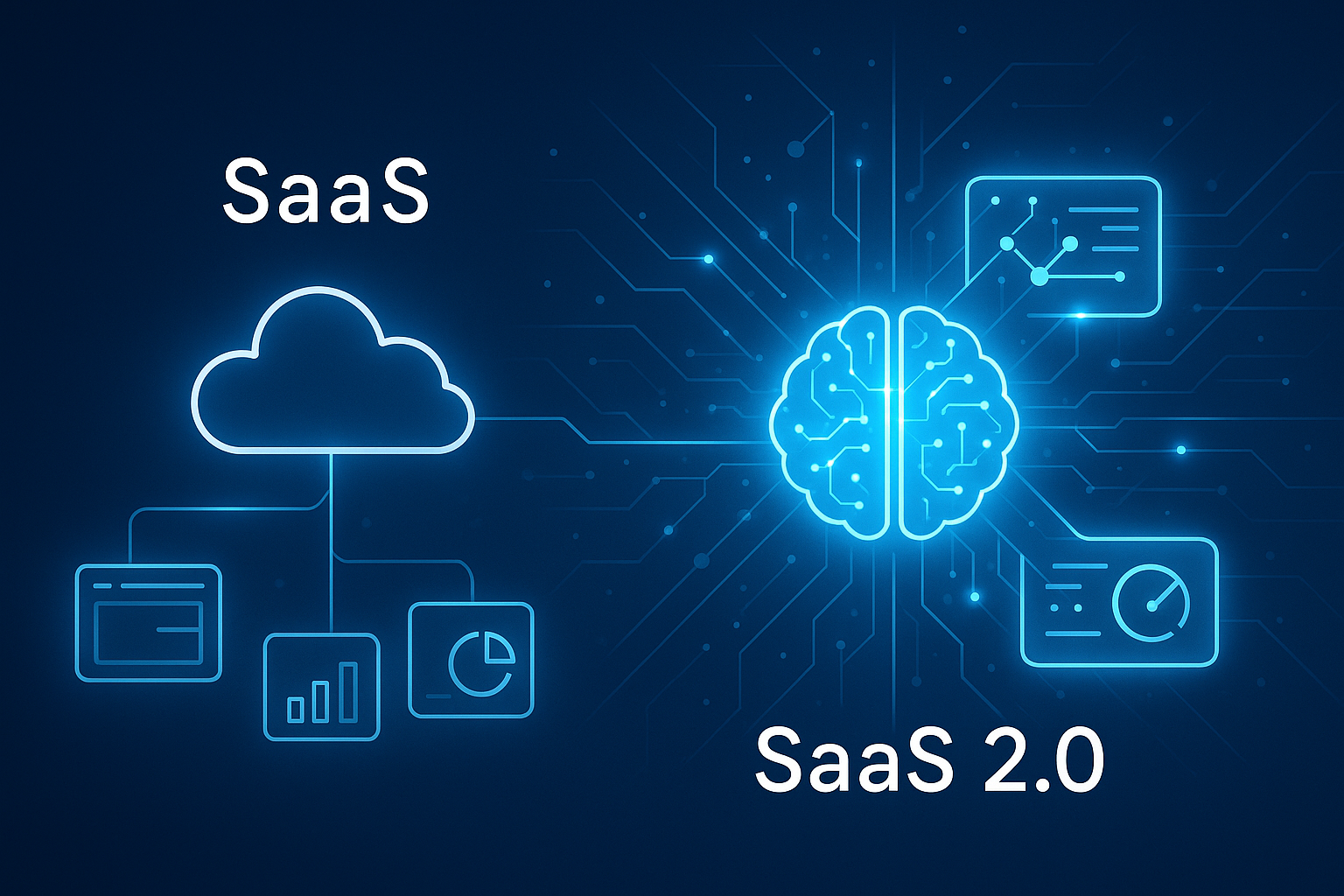 Abstract digital illustration showing the evolution from traditional SaaS to SaaS 2.0 — a glowing AI-powered network connecting cloud applications, APIs, and real-time analytics, symbolising adaptive and intelligent software. Clean, futuristic aesthetic.