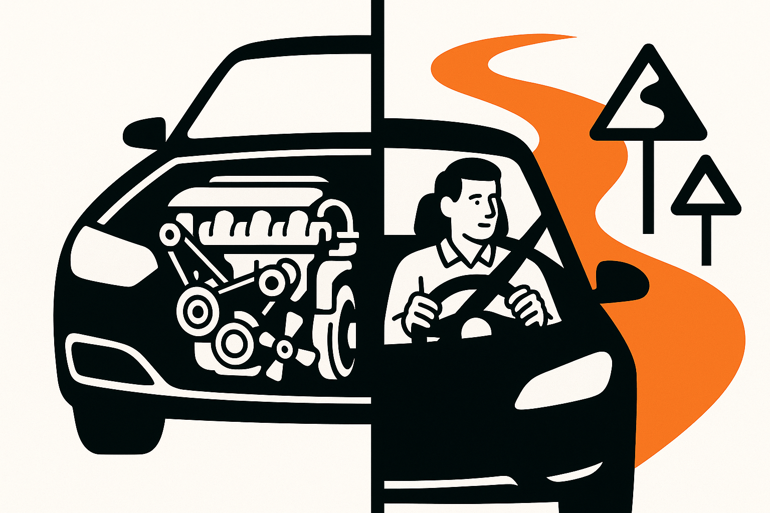 A clean, high-contrast illustration showing a car with its engine exposed on one side and a driver navigating a winding road on the other. The engine side represents technical internals. The road side represents real-world decision-making. The visual shoul