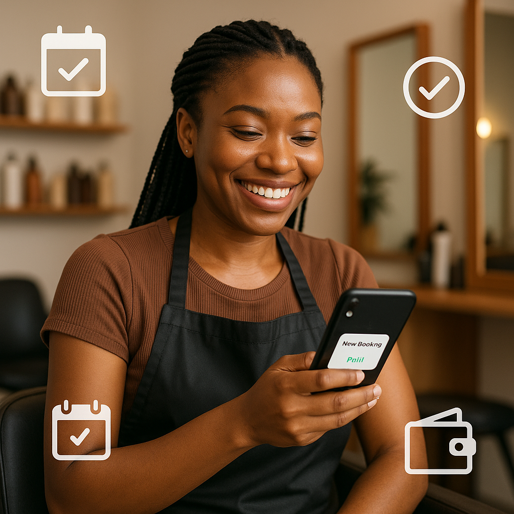 An African service provider (e.g., hairstylist, tutor, or fitness coach) smiling at a phone or laptop that shows a new paid booking notification. The space should reflect their profession — e.g., a salon, study room, or mat studio. Overlay icons: calendar,