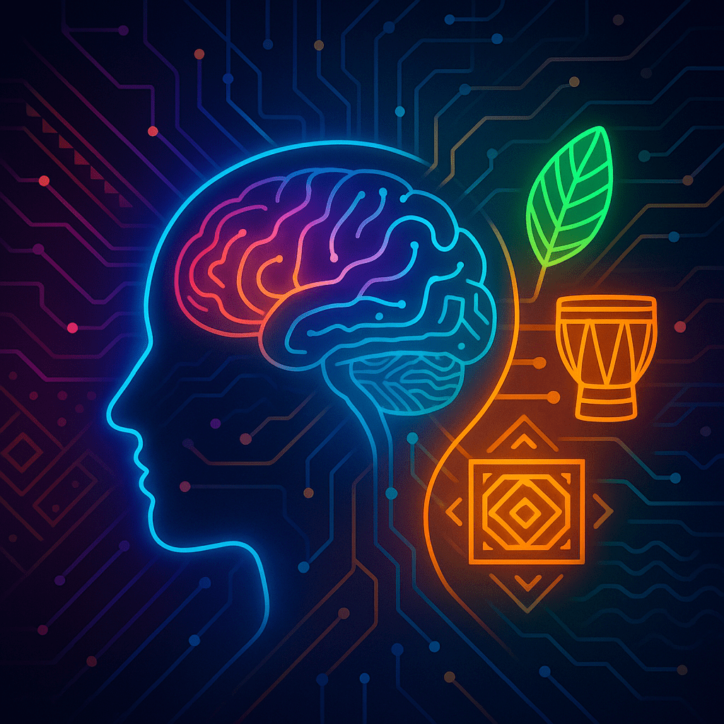 A glowing human head silhouette with a semi-transparent brain lit up in neon patterns. Around the brain are cultural motifs — a leaf, drum, geometric pattern, and digital circuit — each glowing in different colours. Radiating from the head are interconnect