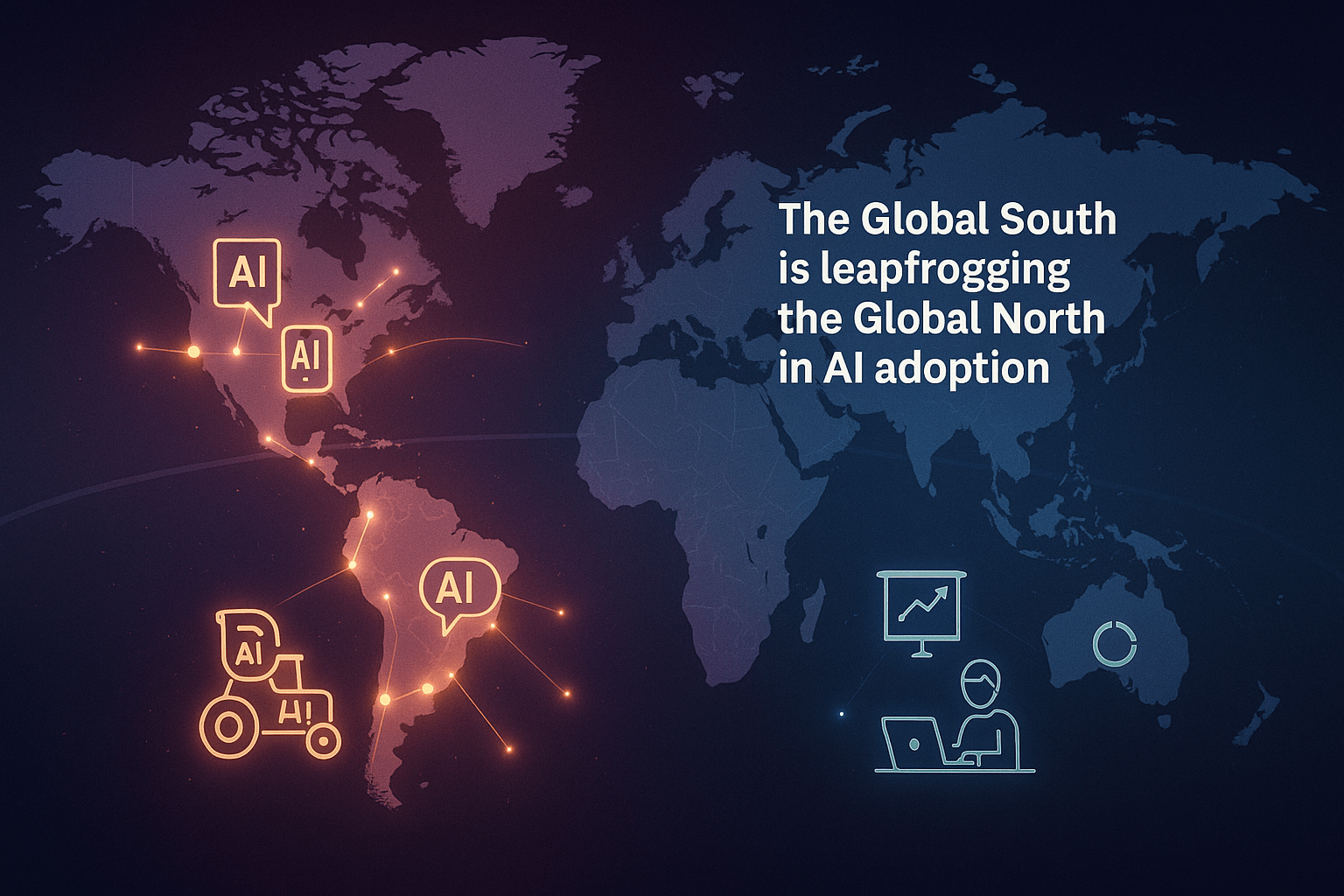 A split-screen world map showing the Global South glowing with vibrant AI nodes (India, Brazil, South Africa, Middle East lit up with bright pulses), while the Global North looks dimmer with fewer nodes. Overlay icons like smartphones, farming tools.