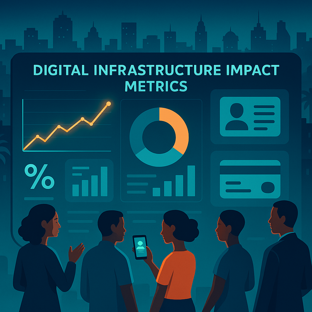 A stylized futuristic dashboard showing digital infrastructure impact metrics — glowing graphs, diverse people interacting with digital ID and payment systems, African cityscape in background, symbolizing inclusive digital transformation.