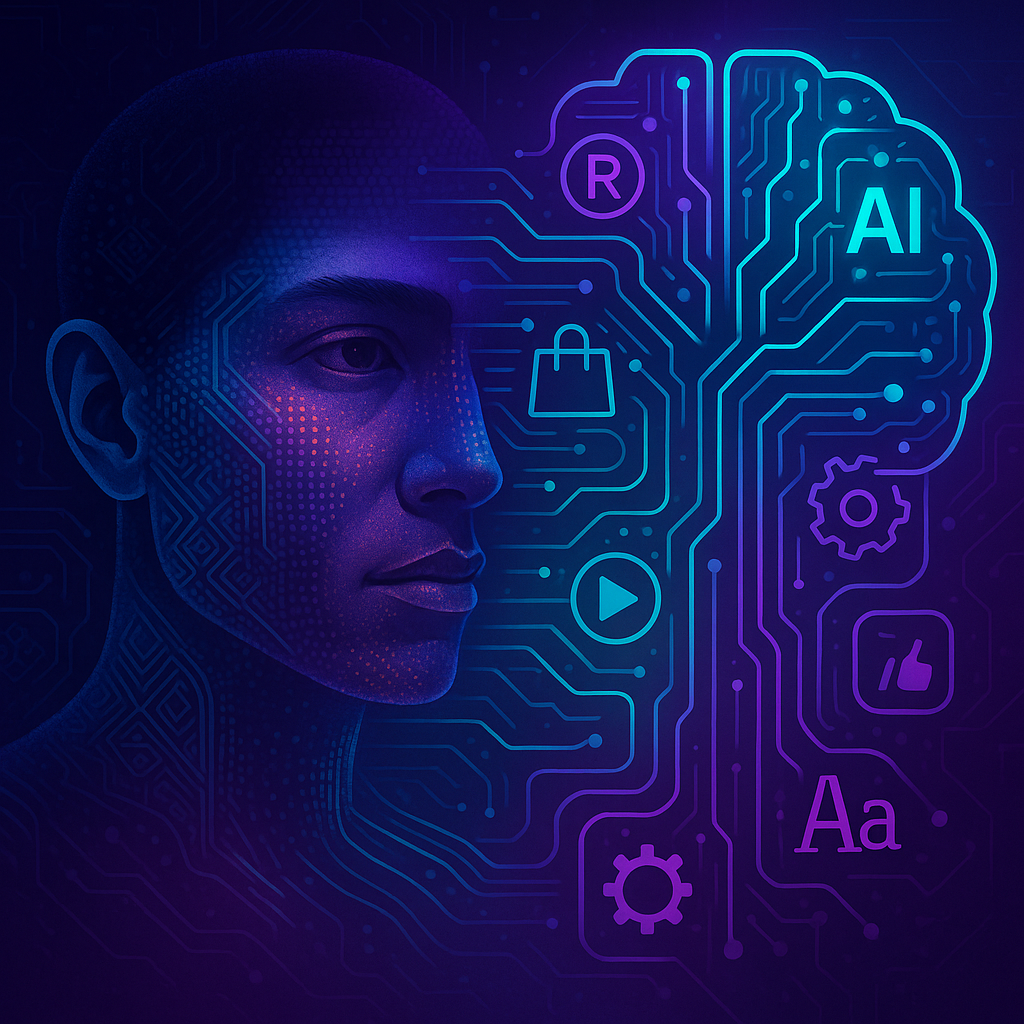 A conceptual digital artwork showing a human face partially pixelated and merging with glowing data streams, neural networks, and brand icons. The image should symbolise the fusion of human identity with AI interpretation, with branding elements like logos