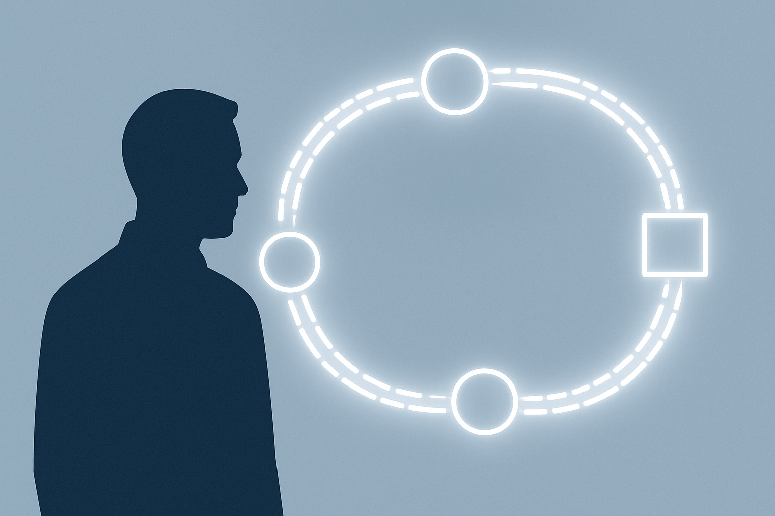 A minimalist conceptual illustration showing a human silhouette observing an abstract feedback loop made of glowing data streams connecting decision nodes. The scene represents the interplay between human judgment and machine intelligence—clean, high contr