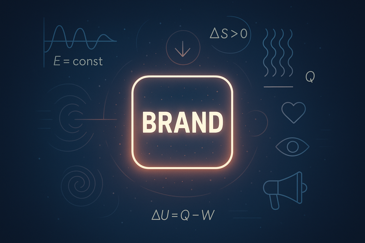 A glowing brand logo suspended in space, surrounded by abstract thermodynamic symbols like energy waves, entropy spirals, and heat gradients. The background shows a fusion of physics formulas and digital branding icons (like a megaphone, heart, and eye).