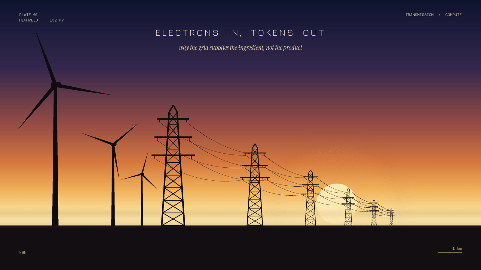 three wind turbines and a row of lattice pylons in silhouette against a Highveld dusk, with the title and a small surveyor's-plate caption set in the sky. One note: I left the Eskom logo and name off the image, since that's their trademark, but the