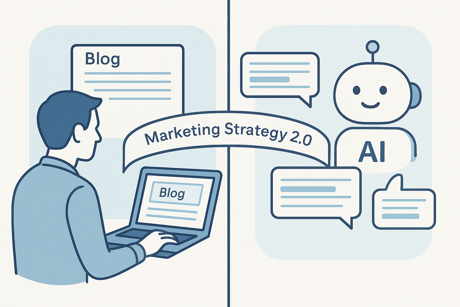 A split-screen illustration.  Left side: A human reading a blog on a laptop (classic SEO world).  Right side: An AI chatbot (like ChatGPT) with highlighted text snippets referencing content (the AEO world).