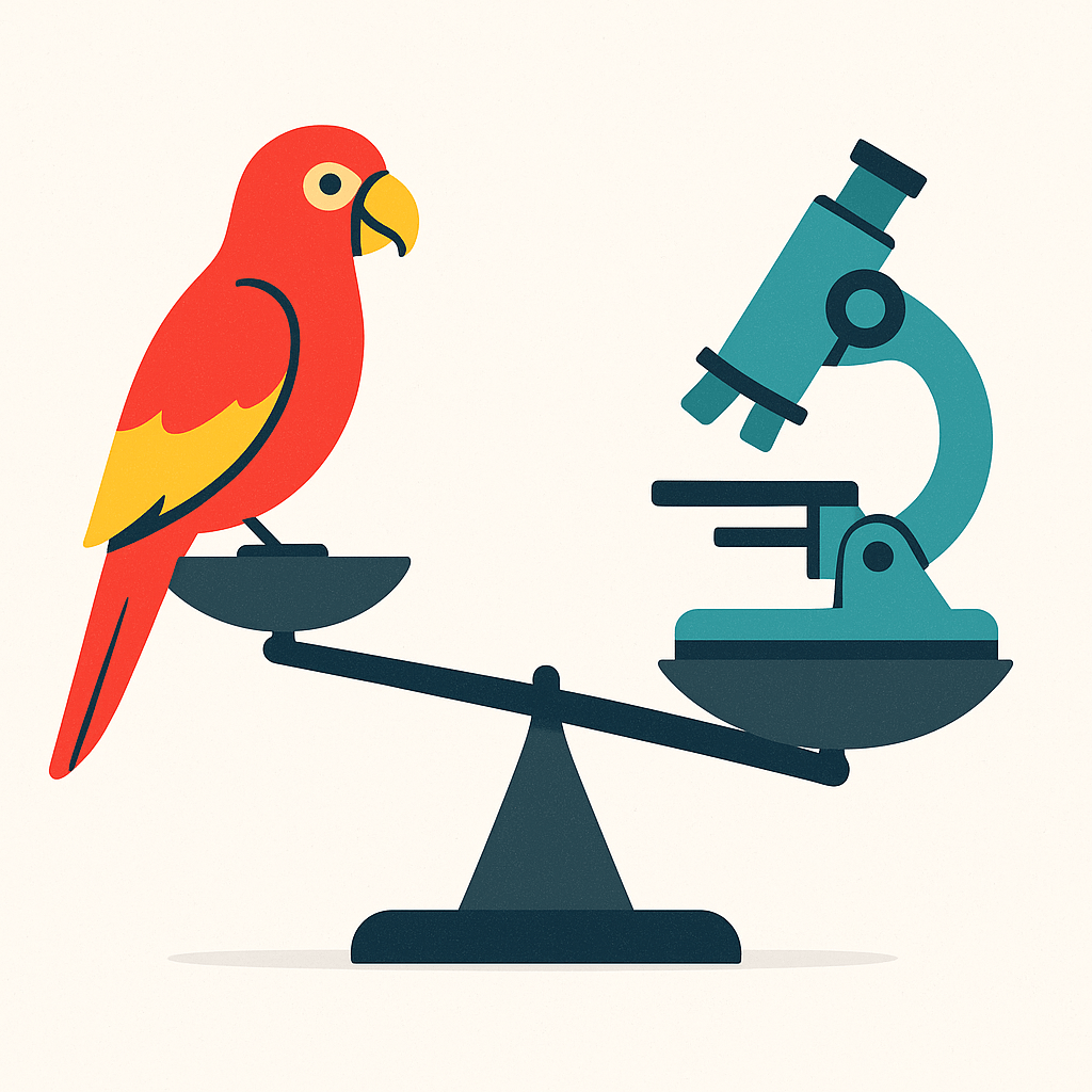 A parrot perched on one side of a scale (representing mimicry) and a scientist’s microscope on the other side (representing discovery). The scale tips toward the microscope, symbolising the shift from imitation to reasoning.