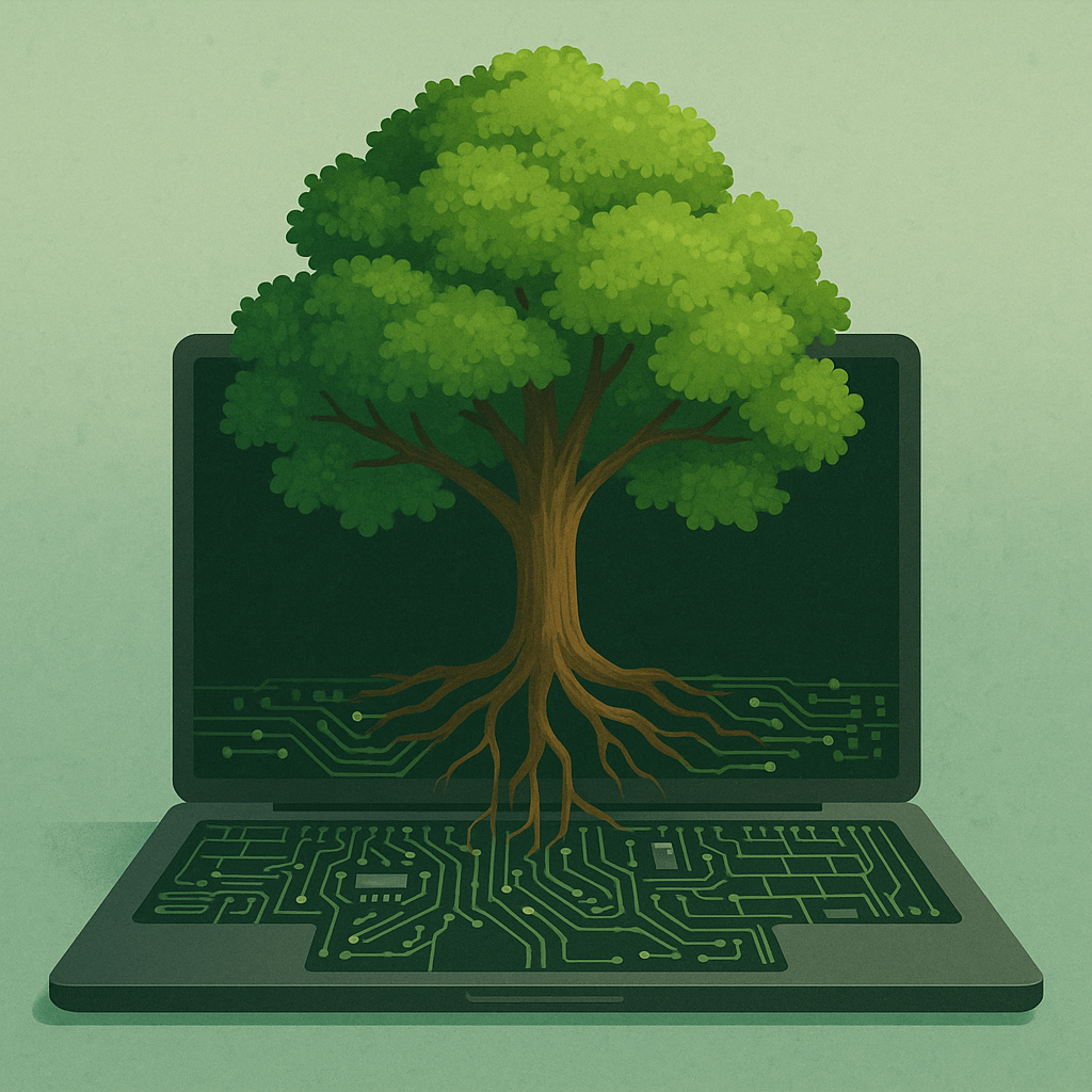 A metaphorical image of a healthy green tree growing on top of a circuit board or laptop—symbolizing sustainable digital growth.
