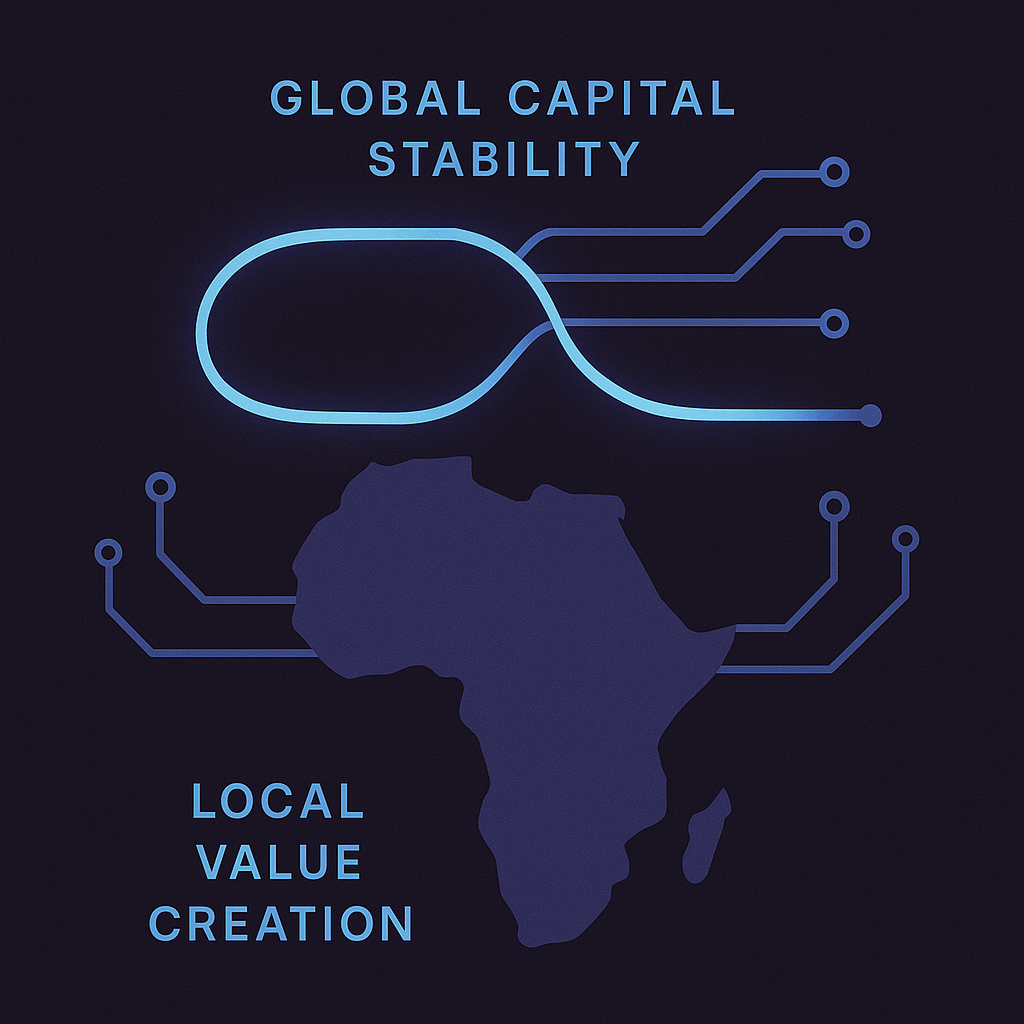 A sharp, minimalist illustration of an African startup ecosystem depicted as two connected circuits: one circuit labelled “Local Value Creation” rooted in the continent’s outline, and another circuit labelled “Global Capital Stability” floating above it. A