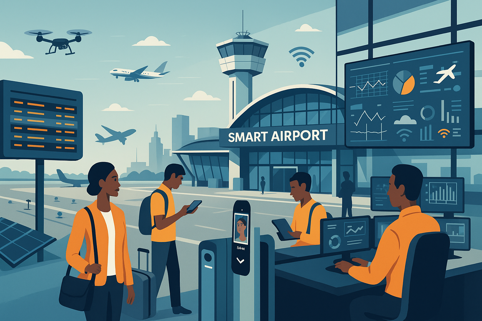 Smart airport terminal in Africa with AI systems, drones, digital kiosks, and connected infrastructure