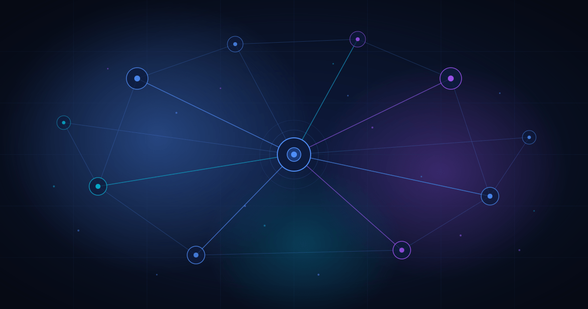 dark navy background, central glowing node radiating connections out to satellite nodes in blue, purple, and cyan. Subtle grid, ambient glow blobs, and floating particles give it depth. Scales cleanly and works well as an Open Graph / featured image.