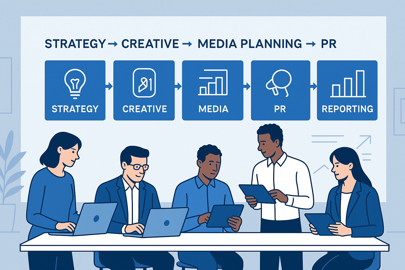 A modern agency workflow visualized as a flowchart on a digital wall: Strategy → Creative → Media Planning → PR → Reporting. Each stage is illustrated with icons and short labels.