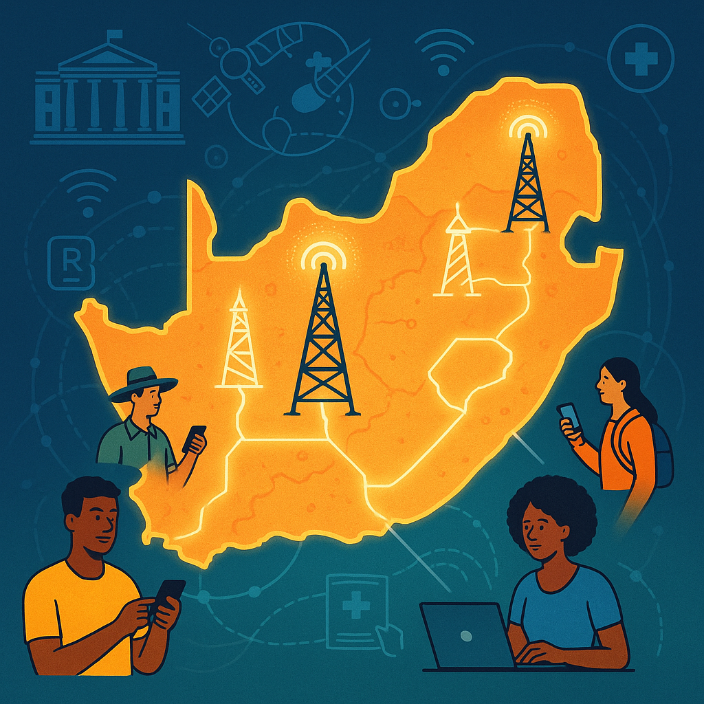 An illustrated map of South Africa with glowing network towers scattered across rural and urban areas. Some towers are linked by shared fiber lines, and people from different communities (youth, farmers, students) are using smartphones and laptops.