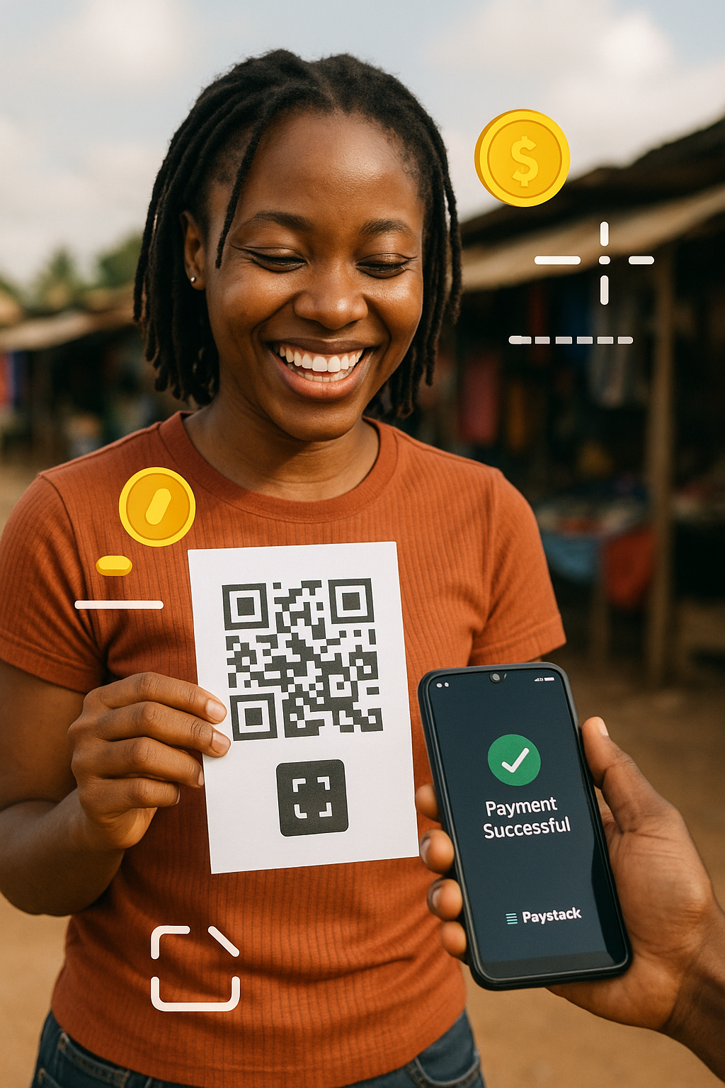 A young African entrepreneur (e.g., vendor or mobile hairstylist) outdoors or in a township setting, holding up a laminated QR code sign while smiling at a customer. The phone screen of the customer shows a Paystack payment confirmation.