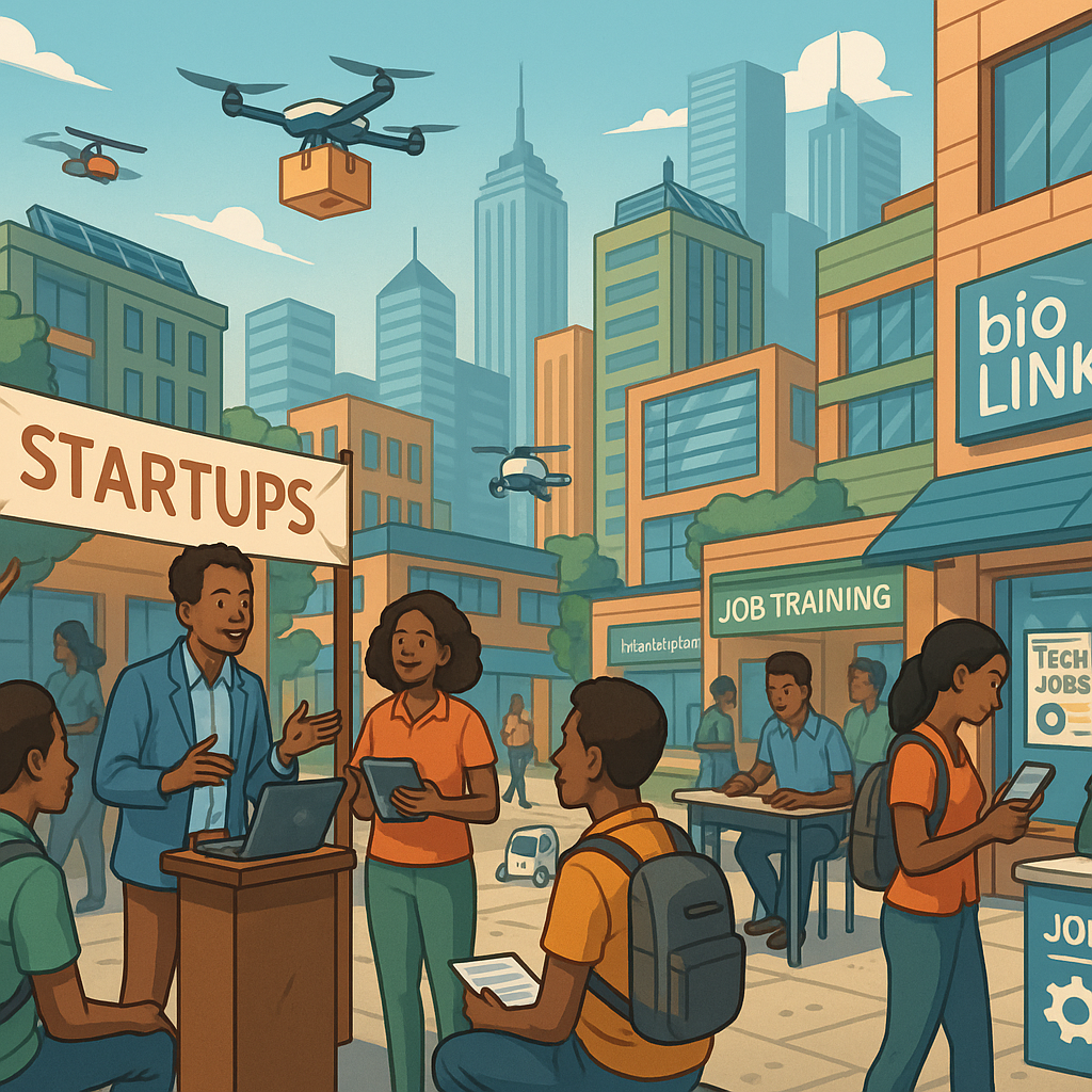 Vibrant African smart city district with startups, training booths, and digital economy activity