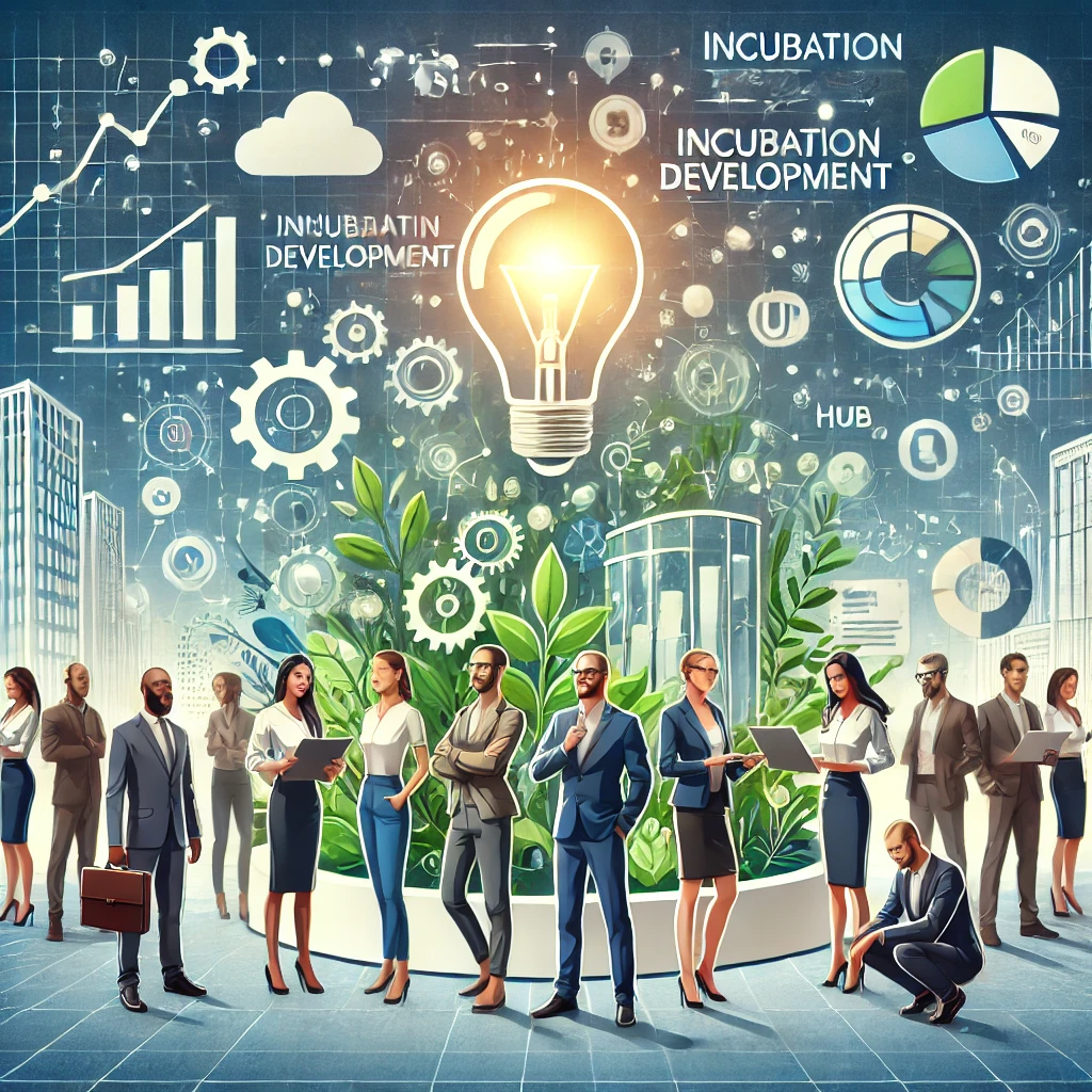 An inspiring illustration representing entrepreneurial development programs, featuring diverse entrepreneurs in a collaborative setting with elements
