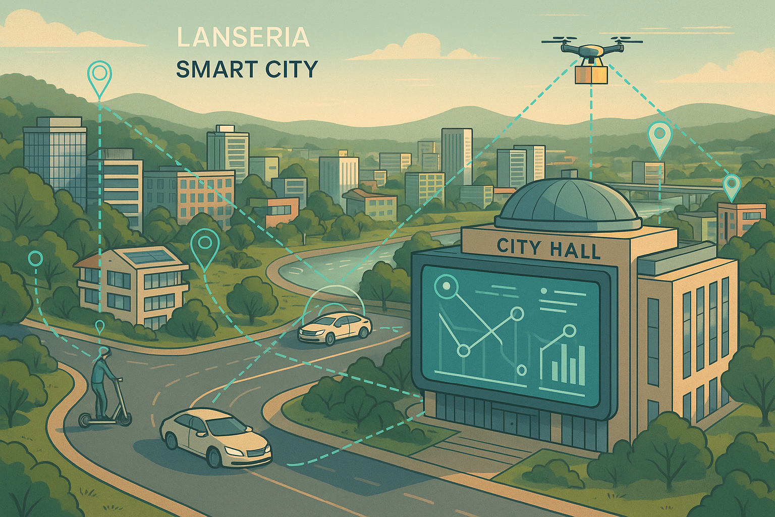 An aerial illustration of Lanseria Smart City with a digital overlay showing data streams from various mobility services—e-scooters, ride-hailing cars, delivery drones—connected to a central mobility control dashboard in city hall. The aesthetic is modern