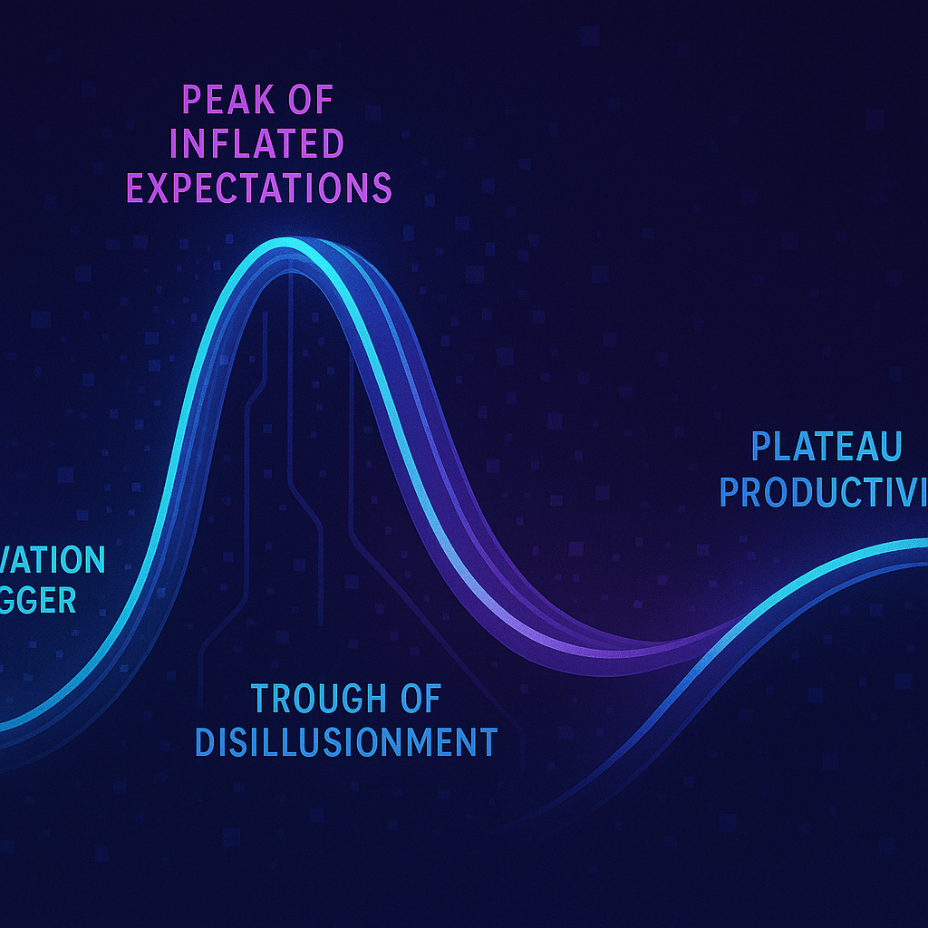 A rollercoaster made of glowing digital code, climbing steeply, peaking, then plunging into a valley, before rising again toward a steady plateau. Along the track, milestones like “Innovation Trigger,” “Peak of Inflated Expectations,” “Trough of Disillusio