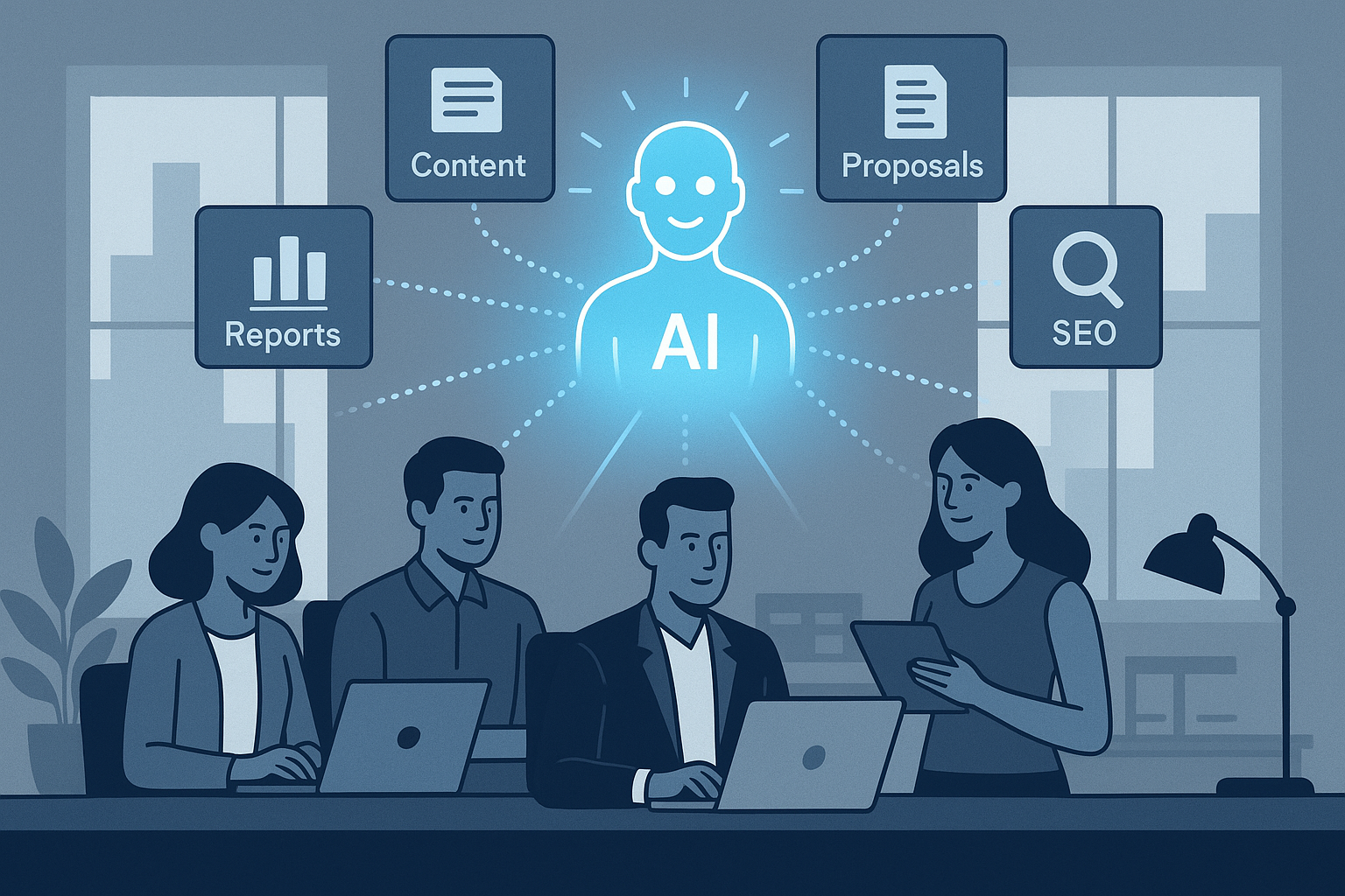 A clean, modern illustration showing a marketing agency team surrounded by floating AI-powered interface cards labeled “Content,” “Reports,” “Proposals,” “SEO,” and “Branding.”