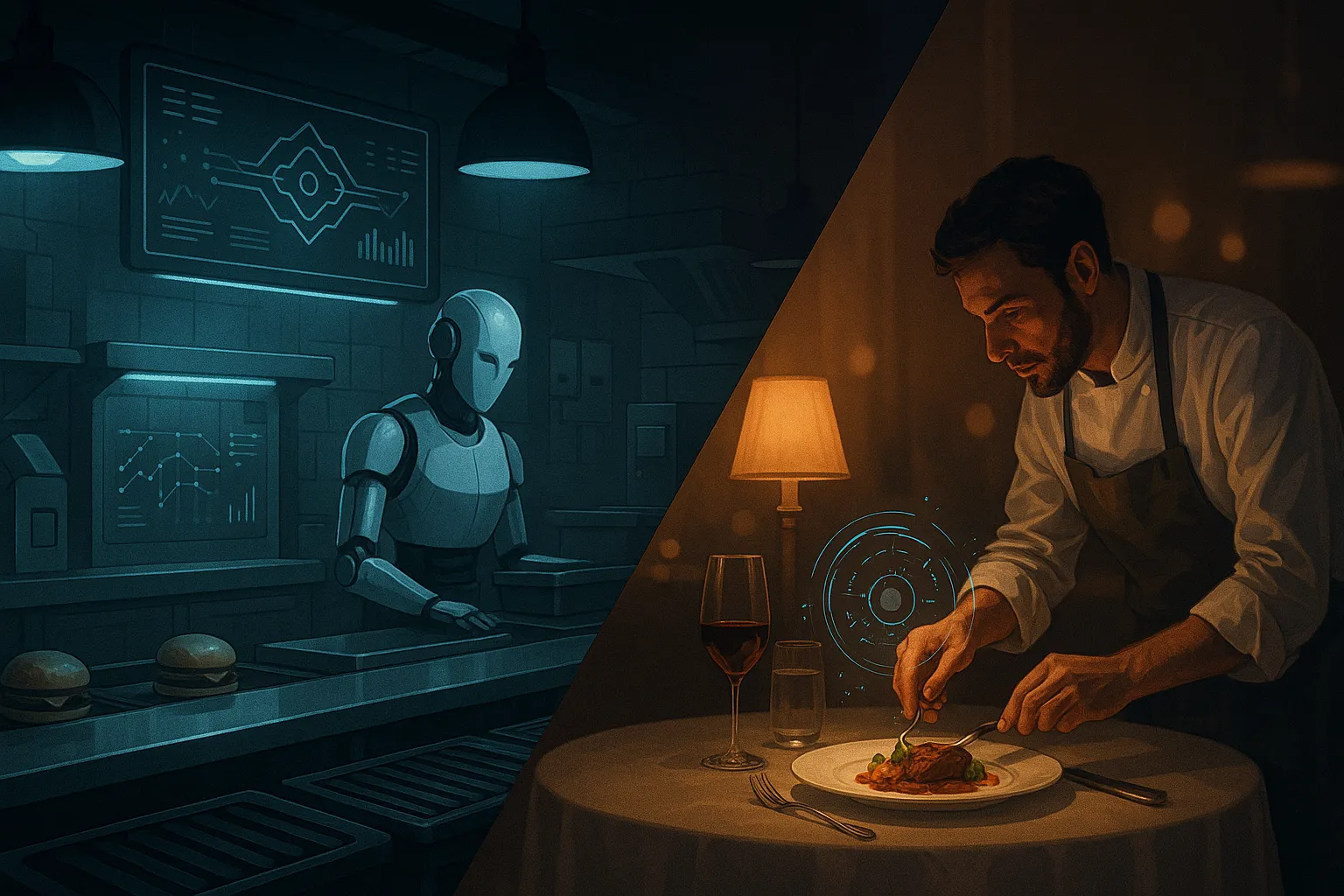 A high-contrast conceptual image showing two contrasting restaurants: on the left, a fast-food counter with robotic precision, conveyor belts, and glowing data dashboards; on the right, an elegant fine-dining table with ambient light, a chef plating food,