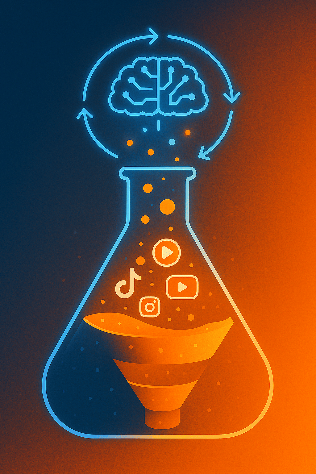 A glowing laboratory flask morphing into a marketing funnel. Inside the flask, instead of chemicals, you see icons of ads (TikTok, Instagram, YouTube) bubbling up. Above the flask, a stylised “AI brain” connects to arrows looping back into the flask, symbo