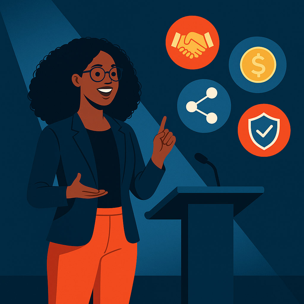 A confident African entrepreneur standing on a stage with a spotlight, surrounded by icons representing opportunities (handshake), money (coin stack), networking (connected dots), and credibility (shield). Modern, minimalistic illustration style with bold