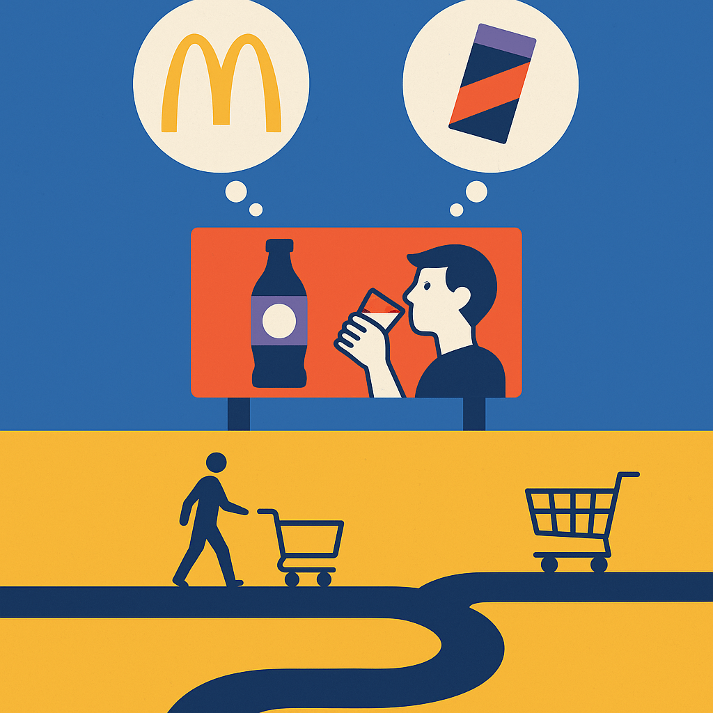 A three-tier illustration showing the R.E.D framework. Bottom layer = “Ease” (a smooth road with no obstacles, shoppers moving quickly). Middle layer = “Relevance” (a billboard solving a need, like a drink for a thirsty commuter).