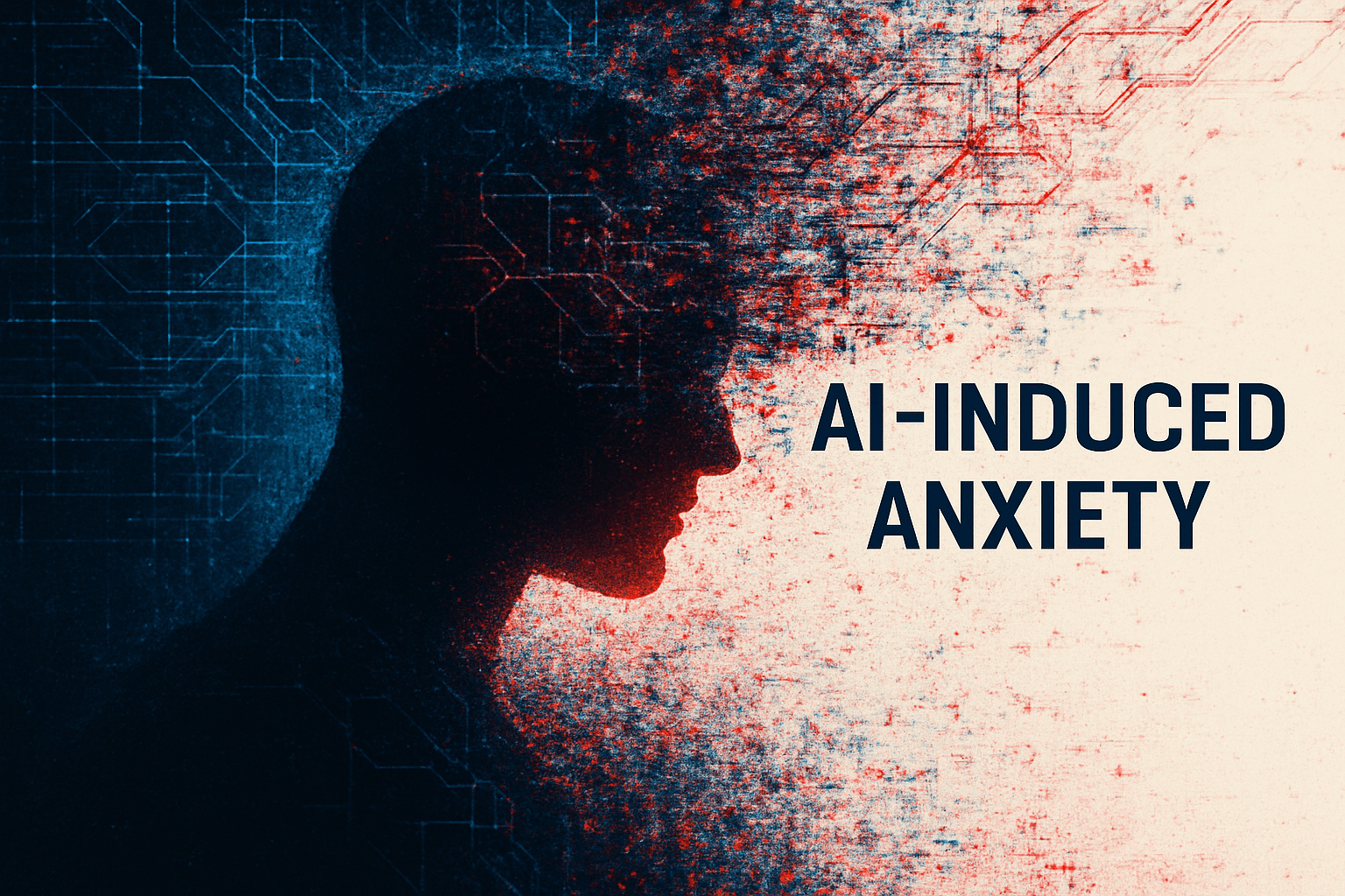 An abstract digital artwork showing a human silhouette dissolving into fragmented neural networks and algorithmic data streams. The person’s head glows faintly in contrast to the dark grid of AI circuitry surrounding it, symbolising consciousness under pre