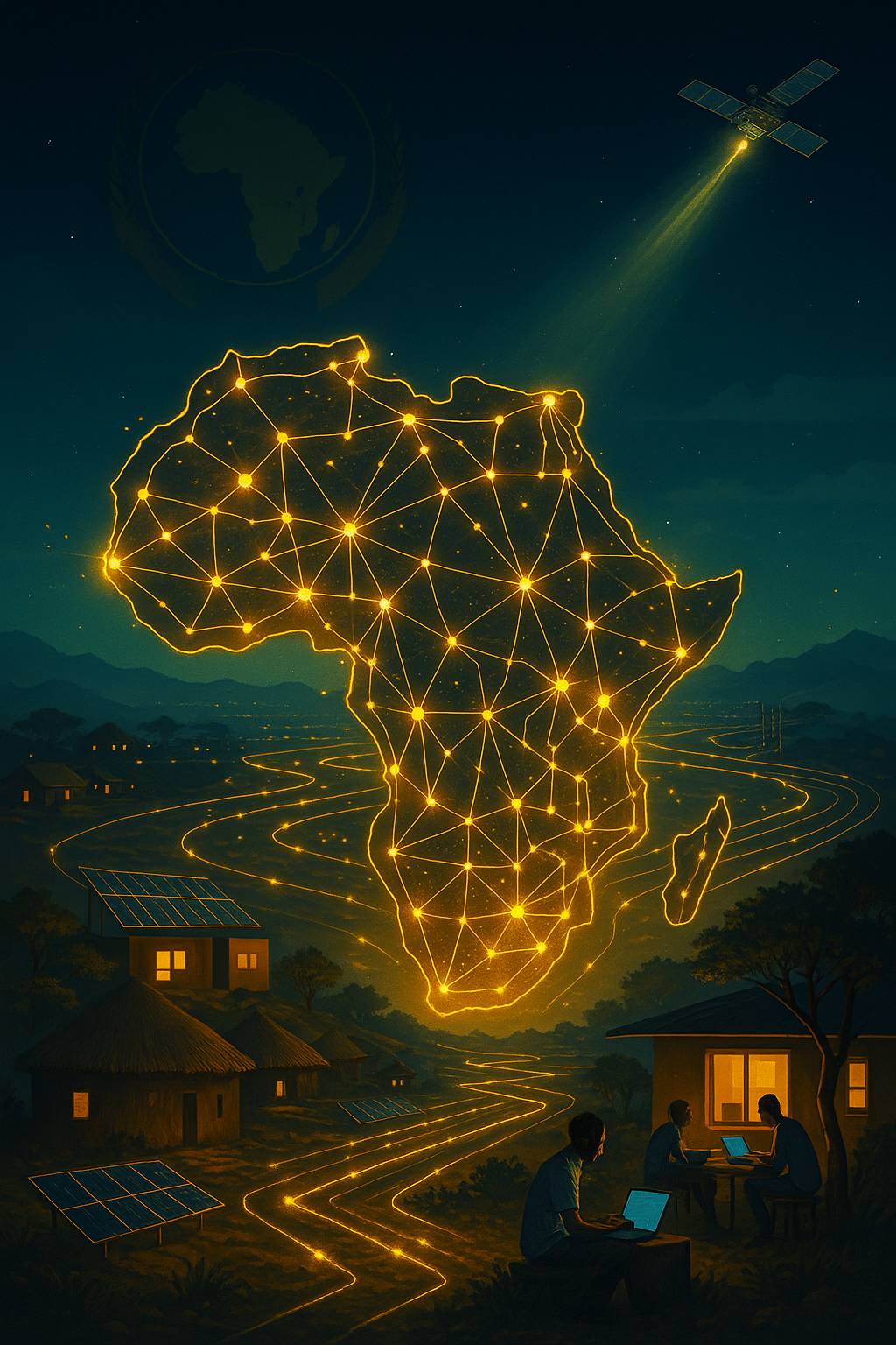 An artistic conceptual illustration of Africa lit up with digital connections, with glowing AI circuits emerging from rural villages, solar panels powering small data centers, fiber-optic lines connecting regions, and youth working on laptops under trees