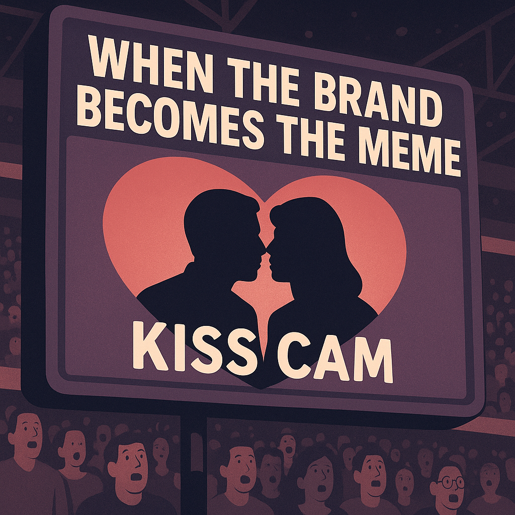 Two silhouetted figures on a jumbotron, with a shocked stadium crowd and bold text: “When the Brand Becomes the Meme.”