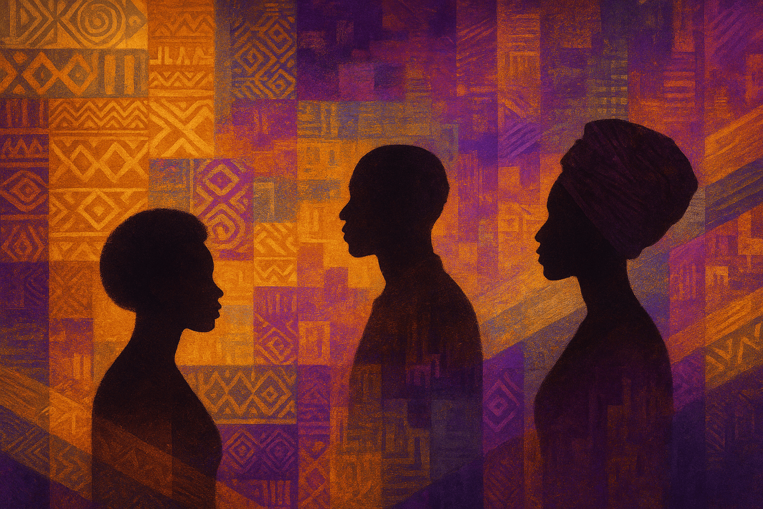 An abstract visual showing layered African cultural patterns blending with modern urban textures, warm earth tones intersecting with vibrant purples, golds, and greens, silhouettes of diverse South African figures emerging from the pattern grid, subtle mot