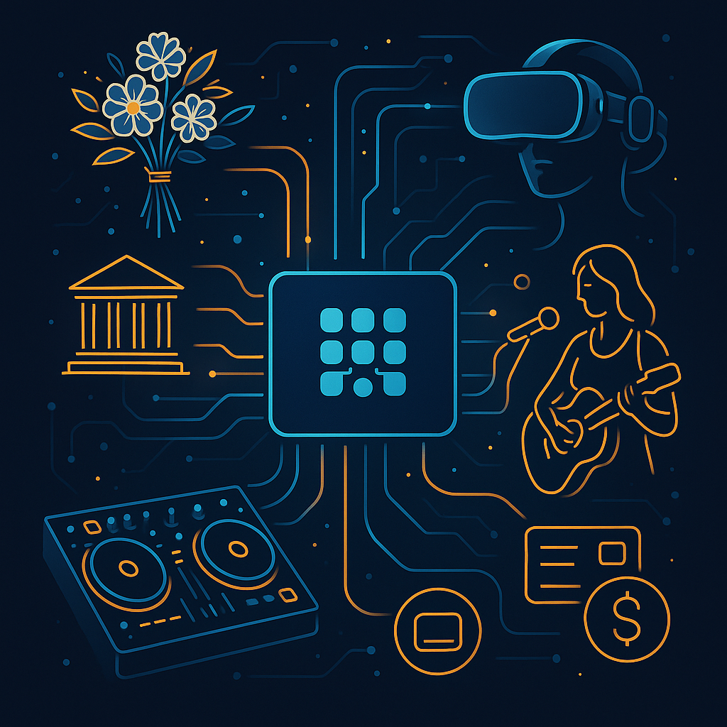 A futuristic abstract illustration of an event marketplace as a digital operating system — multiple vendors (caterers, musicians, venues, VR performers) connected by glowing lines to a central hub, symbolising orchestration and AI coordination.