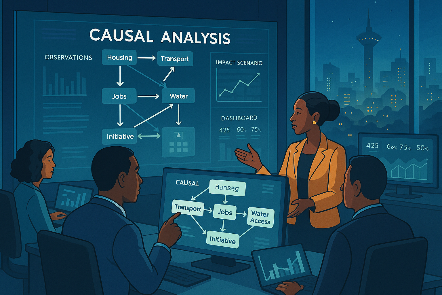 Smart city control room with analysts using causal graphs to simulate urban interventions in an African city