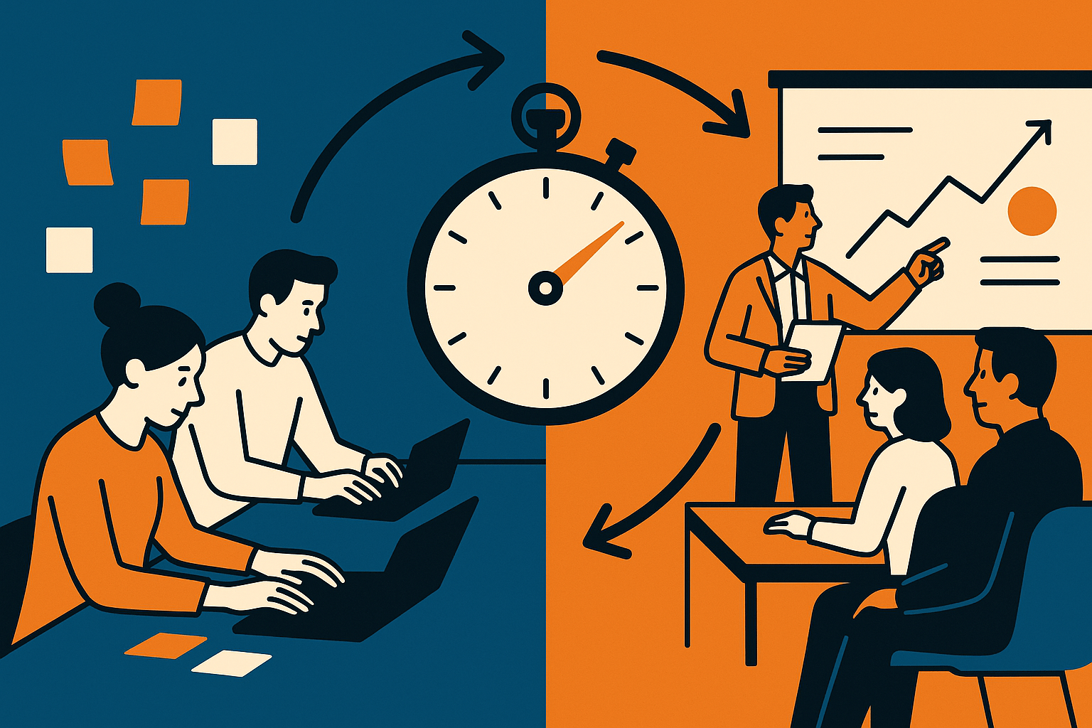 A split-screen illustration showing two creative teams: on the left, an in-house team working fast on laptops with sticky notes and quick iterations; on the right, an agency team presenting polished slides in a boardroom. In the middle, a stopwatch symboli