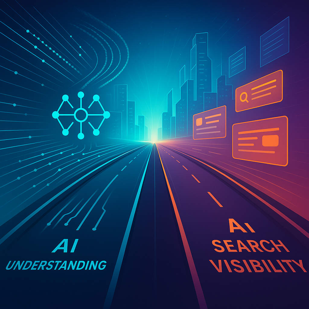 A sleek, futuristic illustration of two parallel roads merging into one: one road labelled "AI Understanding" represented by data streams flowing into a neural network, and the other road labelled "AI Search Visibility" represented by glowi