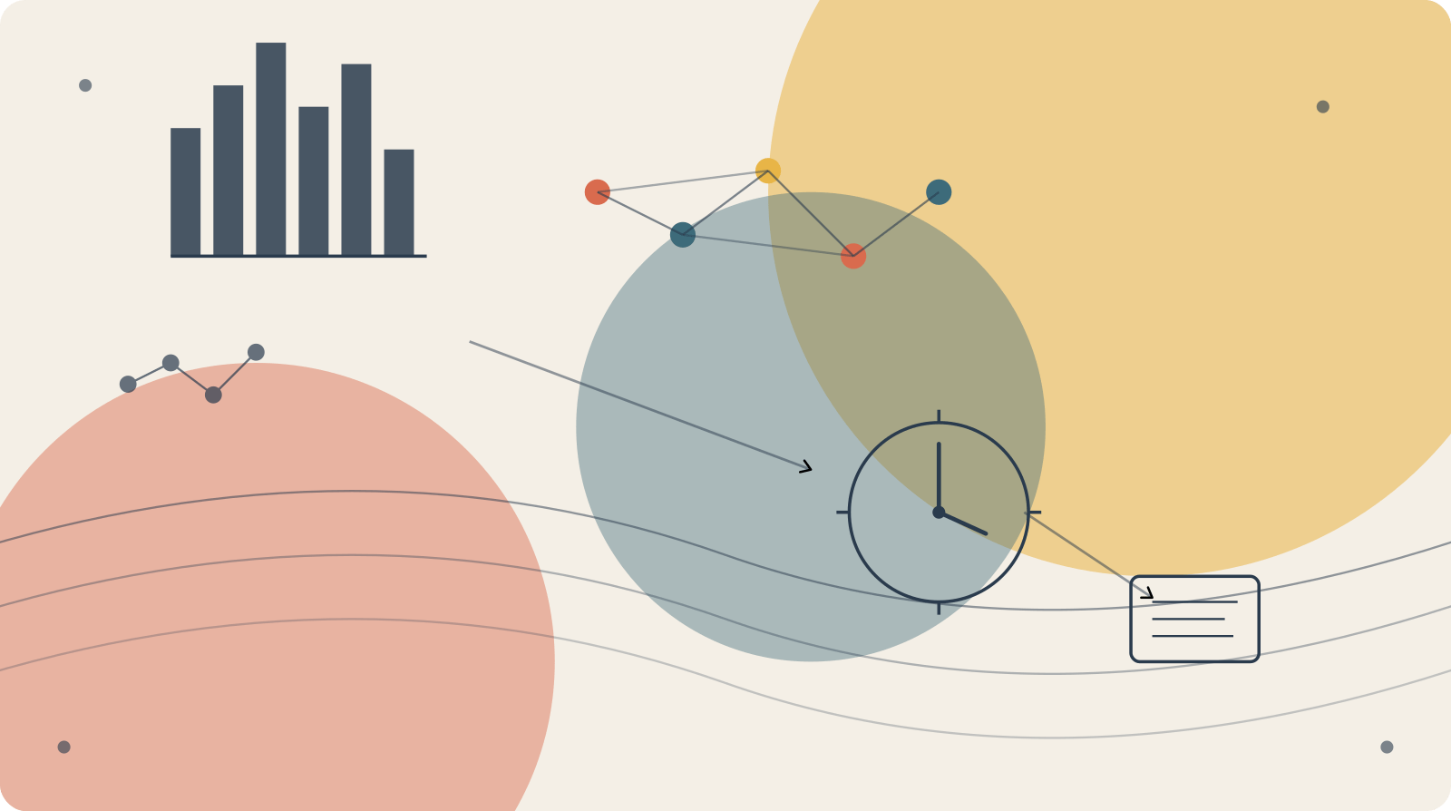 An abstract editorial composition — warm sand background with overlapping color fields (amber, terracotta, slate blue), a bar chart climbing toward the sun, a clock element, a connected node network, and a small document motif. It hits the themes of time,