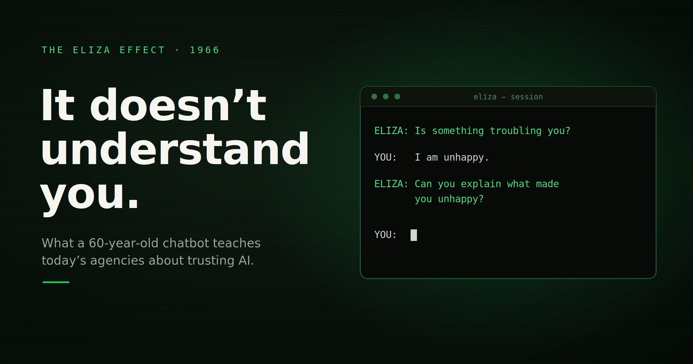 the terminal shows ELIZA appearing to care and understand ("Can you explain what made you unhappy?"), with the headline naming the catch — "It doesn't understand you." Phosphor-green dialogue, scanlines, and a CRT glow keep it rooted in