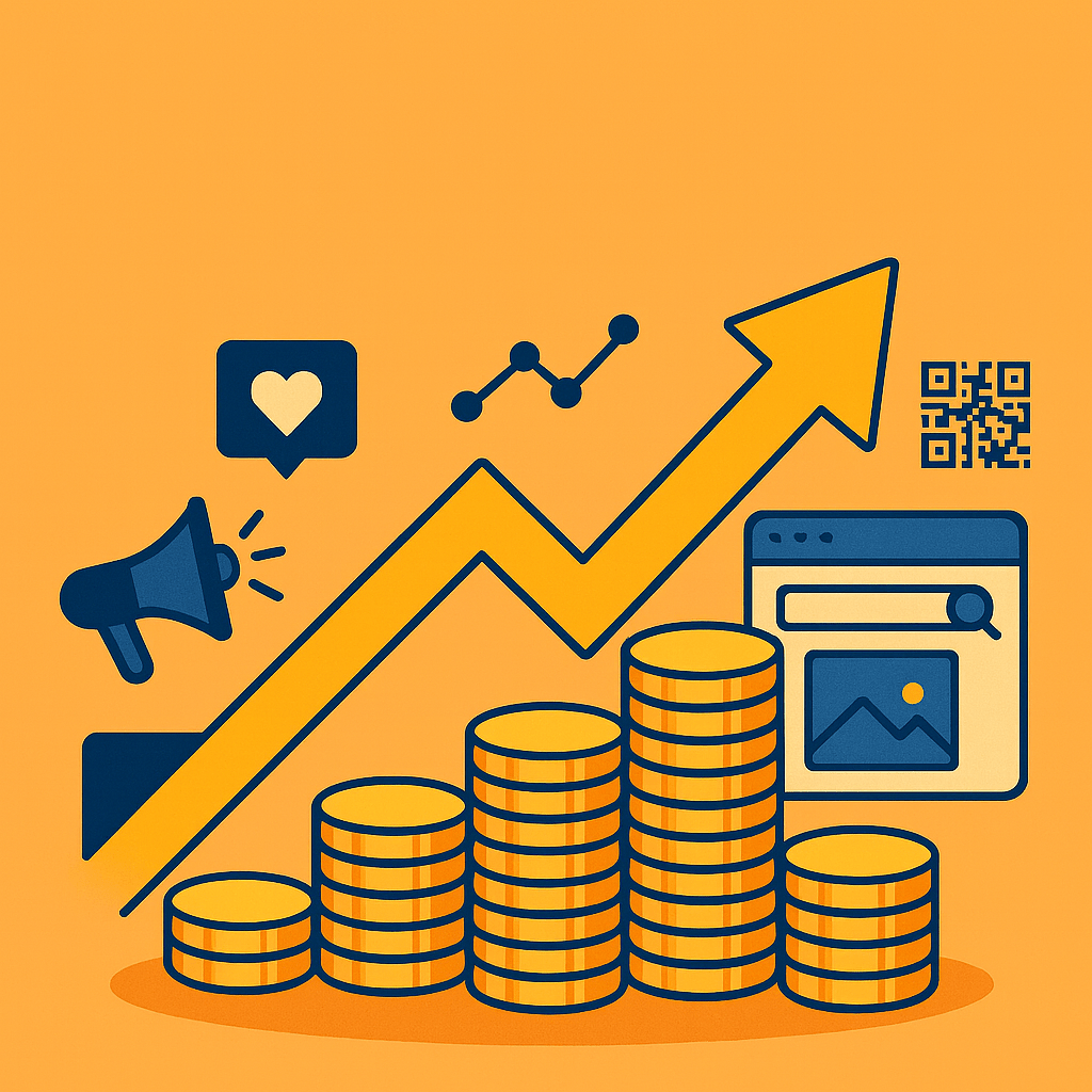 This image is a flat-style vector illustration with an orange background, designed to represent financial growth and digital marketing success.