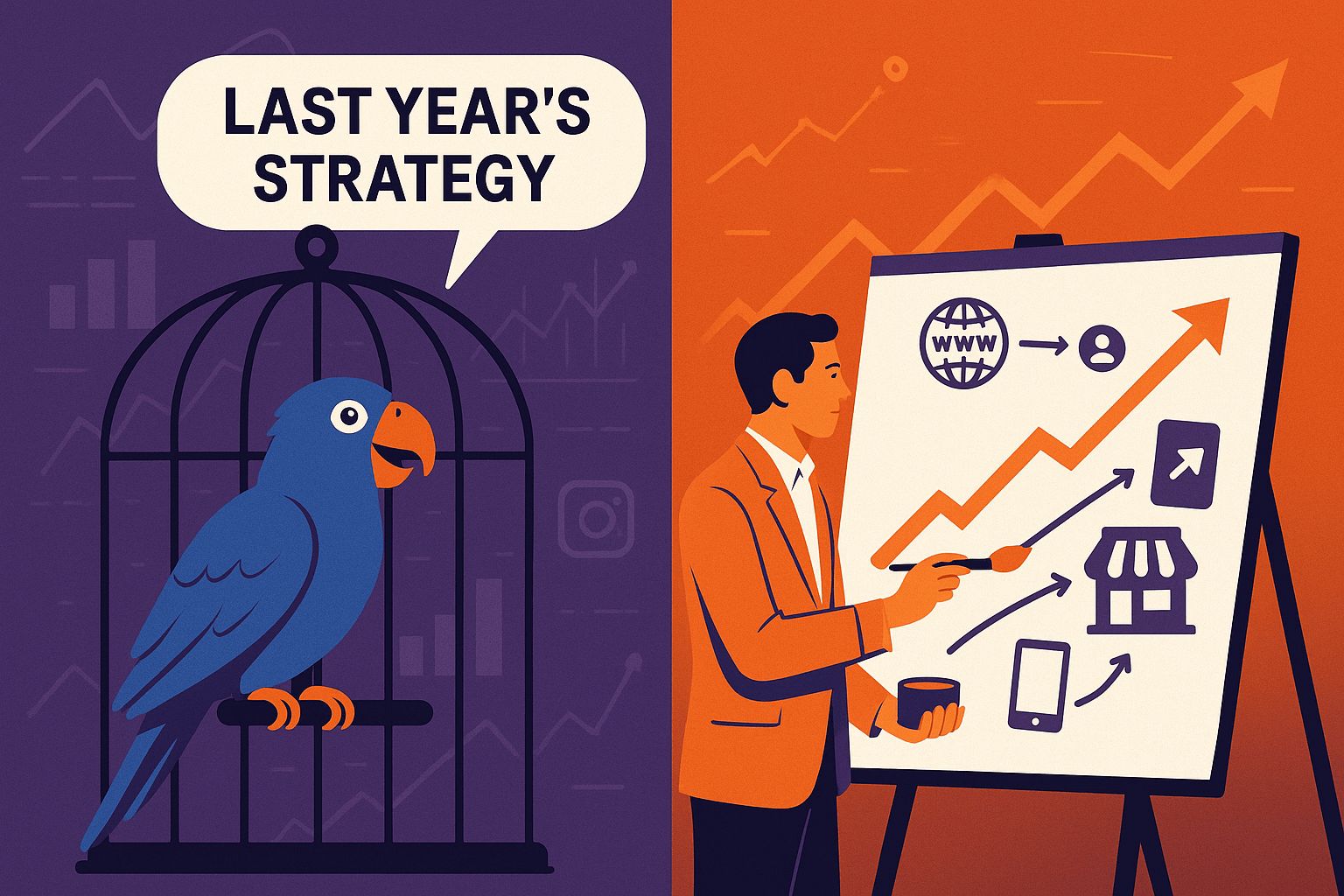 An abstract split-screen illustration.  Left side: A parrot in a cage, loudly repeating “Last Year’s Strategy,” with faded charts and old social media icons behind it.  Right side: A strategist painting a broader map, arrows flowing across multiple channel