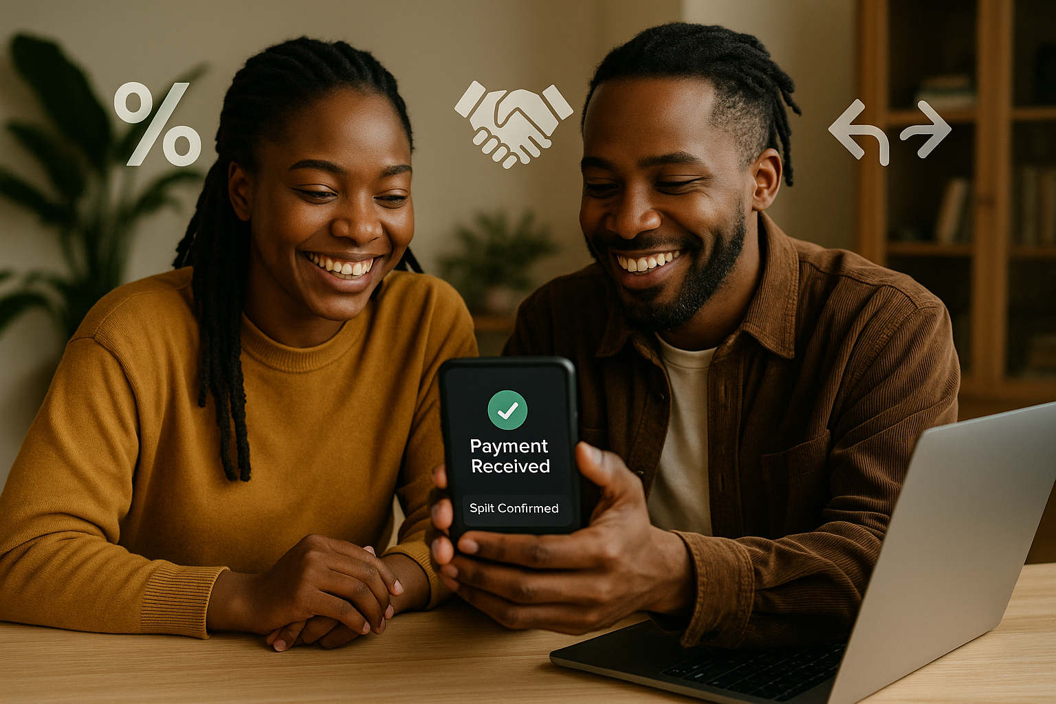 Two African creatives (e.g., a musician and a producer or two workshop facilitators) sitting at a desk, smiling while looking at a phone or laptop showing a "Payment Received – Split Confirmed" message. Overlay icons like a percent symbol, handshak