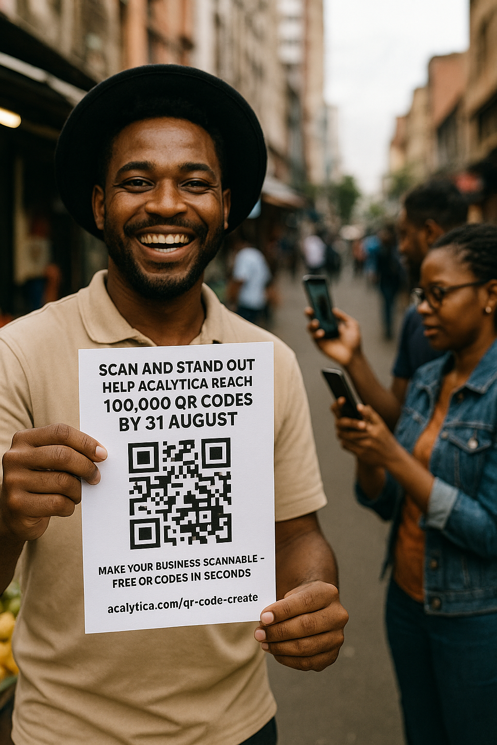 A South African street vendor smiling while holding up a flyer with a QR code. In the background, people are scanning the QR code using their smartphones. The scene is vibrant, urban, and energetic — capturing the essence of local entrepreneurship meeting