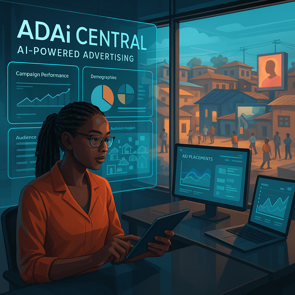 A futuristic African media workspace showing a black female technologist monitoring real-time ad analytics on transparent digital displays. In the background, township scenes and digital billboards illustrate local ads being deployed.