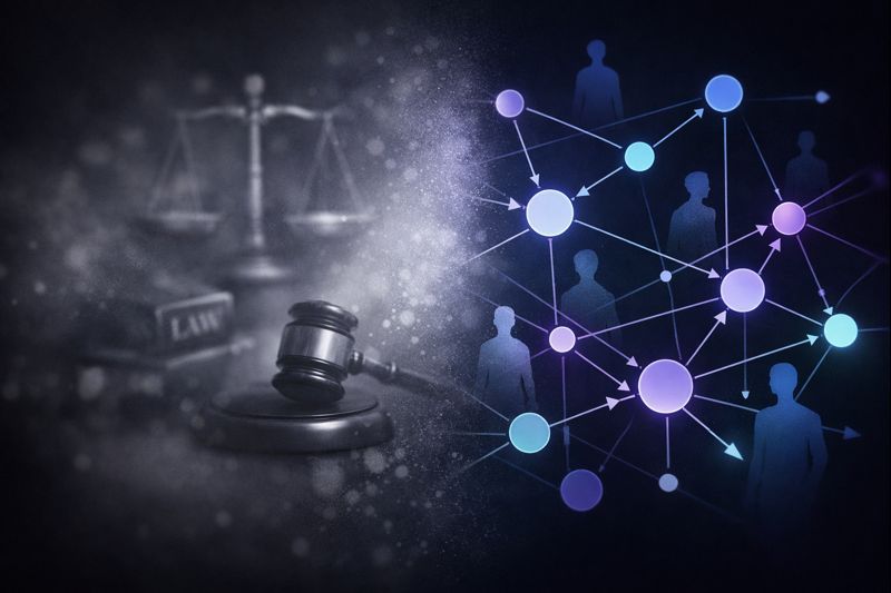 A visual metaphor showing law transitioning from intuition to measurement.  Composition  Left side: blurred classical symbols of law (scales, gavel, statute book) dissolving into noise.  Right side: clean geometric nodes and arrows forming a causal graph.